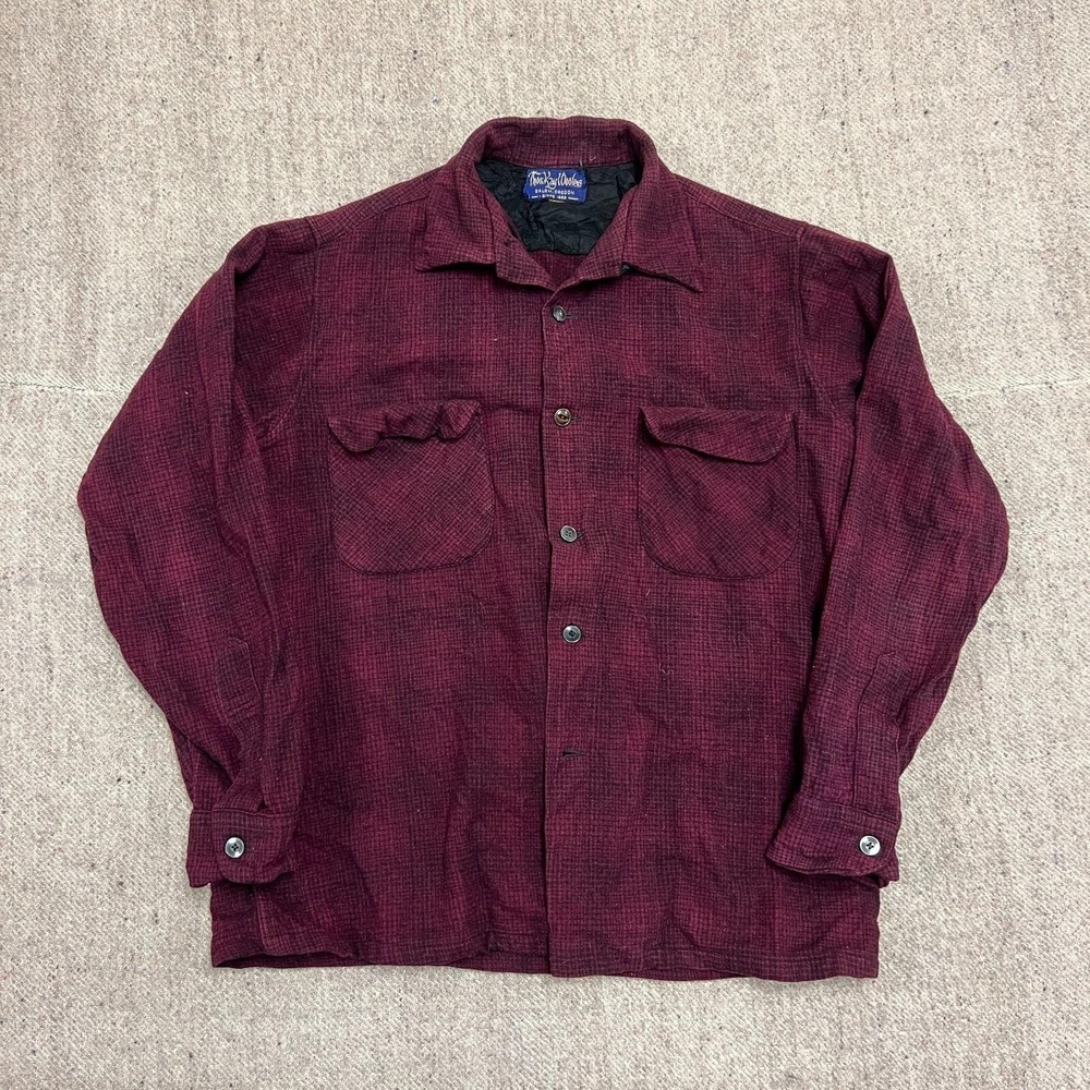 Vintage Thomas Kay‎ Woolen Flannel Shirt Mens Medium Red 1960s Loop Collar